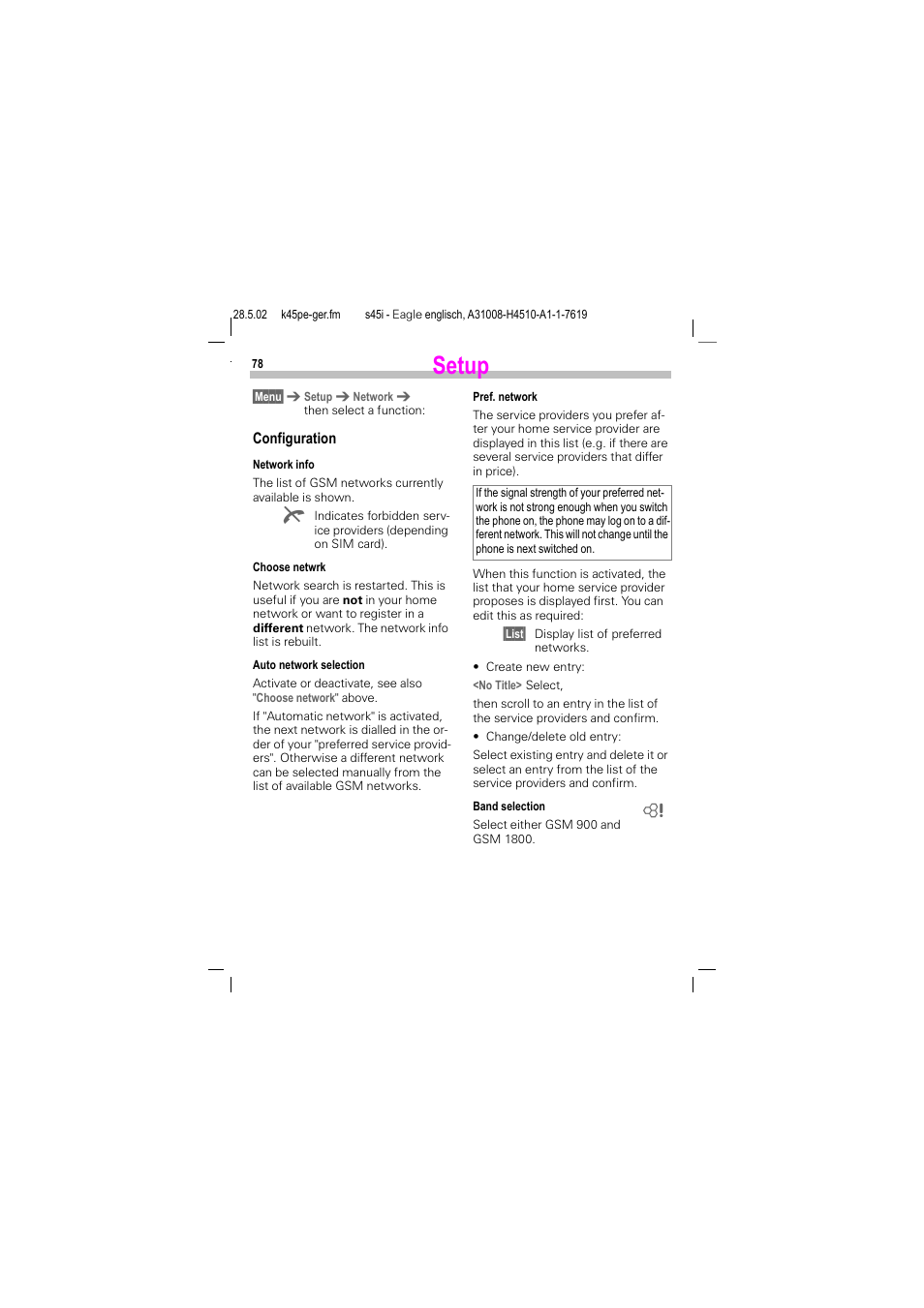 Setup | Siemens S45i User Manual | Page 79 / 110