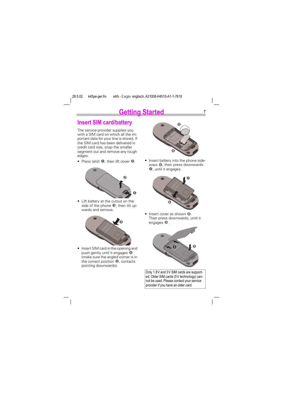 Getting started, Insert sim card/battery | Siemens S45i User Manual | Page 8 / 110