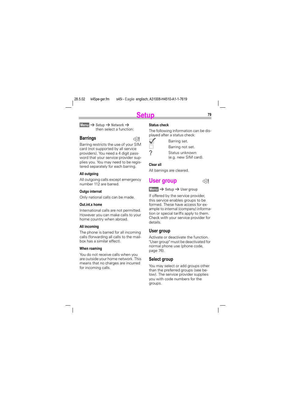 User group, Setup | Siemens S45i User Manual | Page 80 / 110