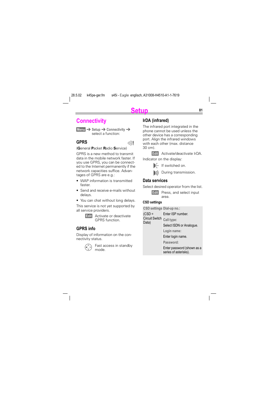 Connectivity, Setup | Siemens S45i User Manual | Page 82 / 110