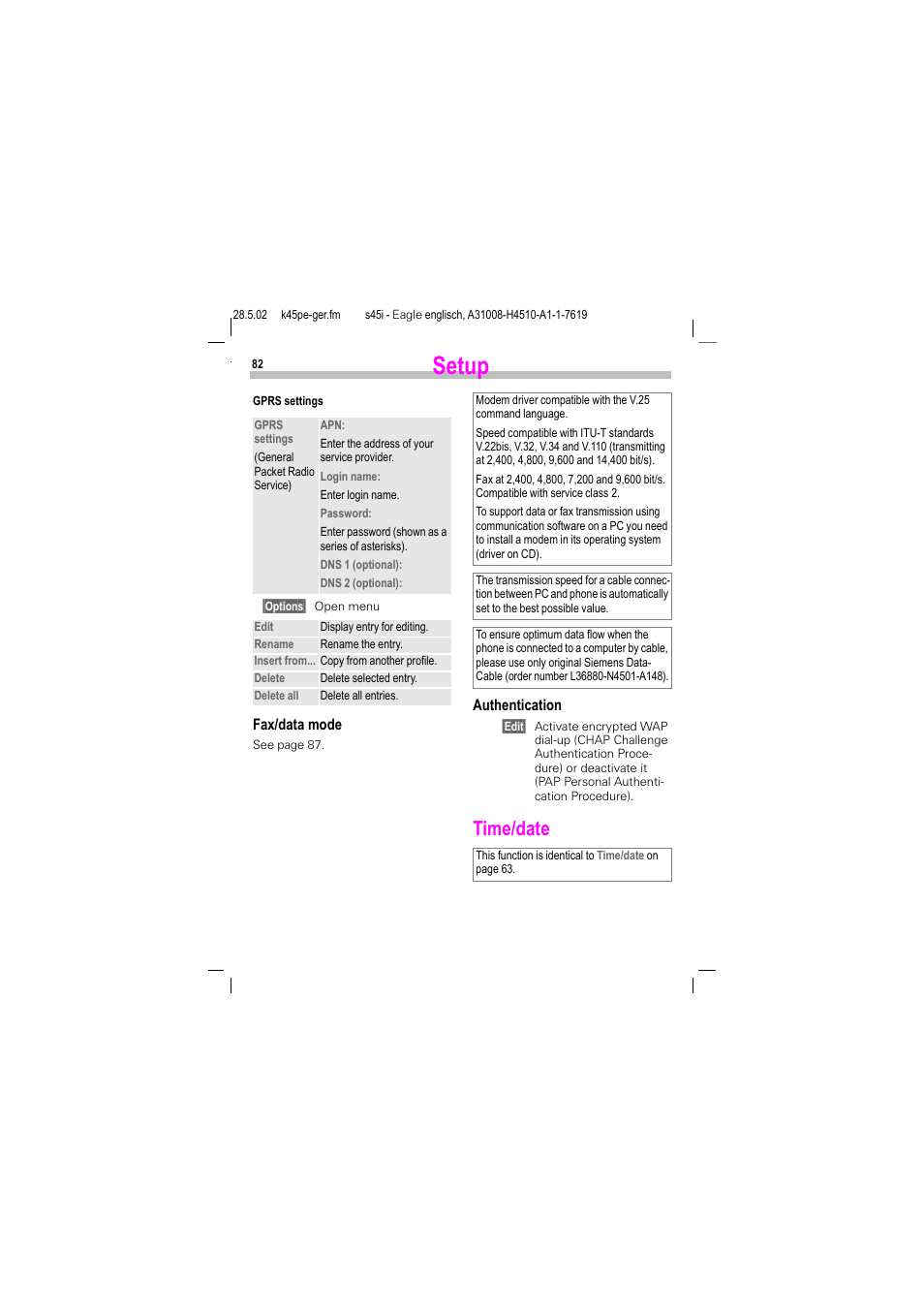 Time/date, Setup | Siemens S45i User Manual | Page 83 / 110