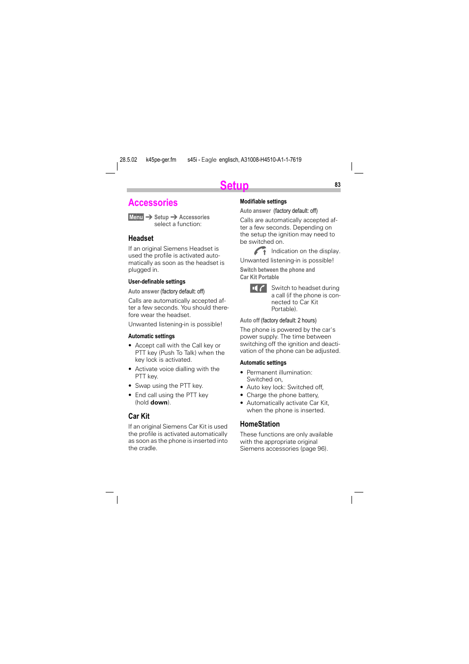 Accessories, Setup | Siemens S45i User Manual | Page 84 / 110