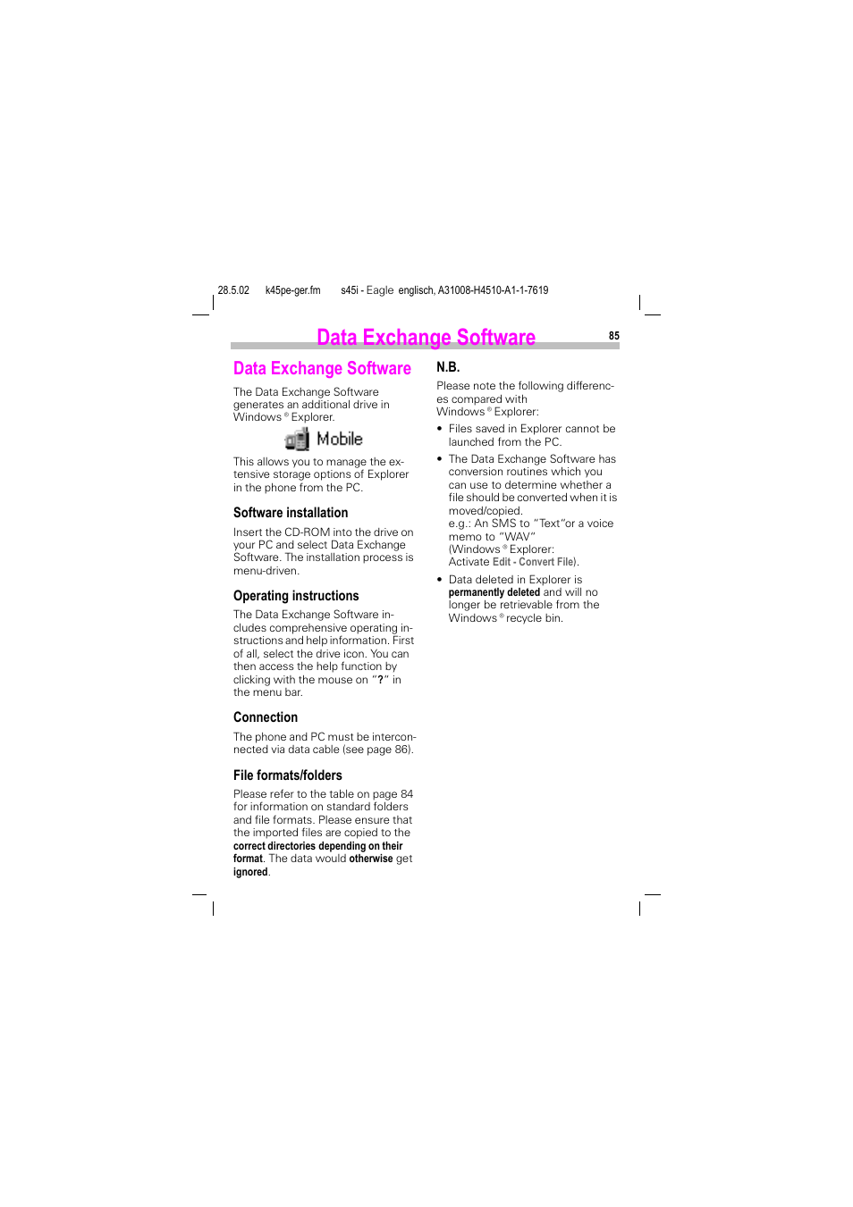 Data exchange software | Siemens S45i User Manual | Page 86 / 110