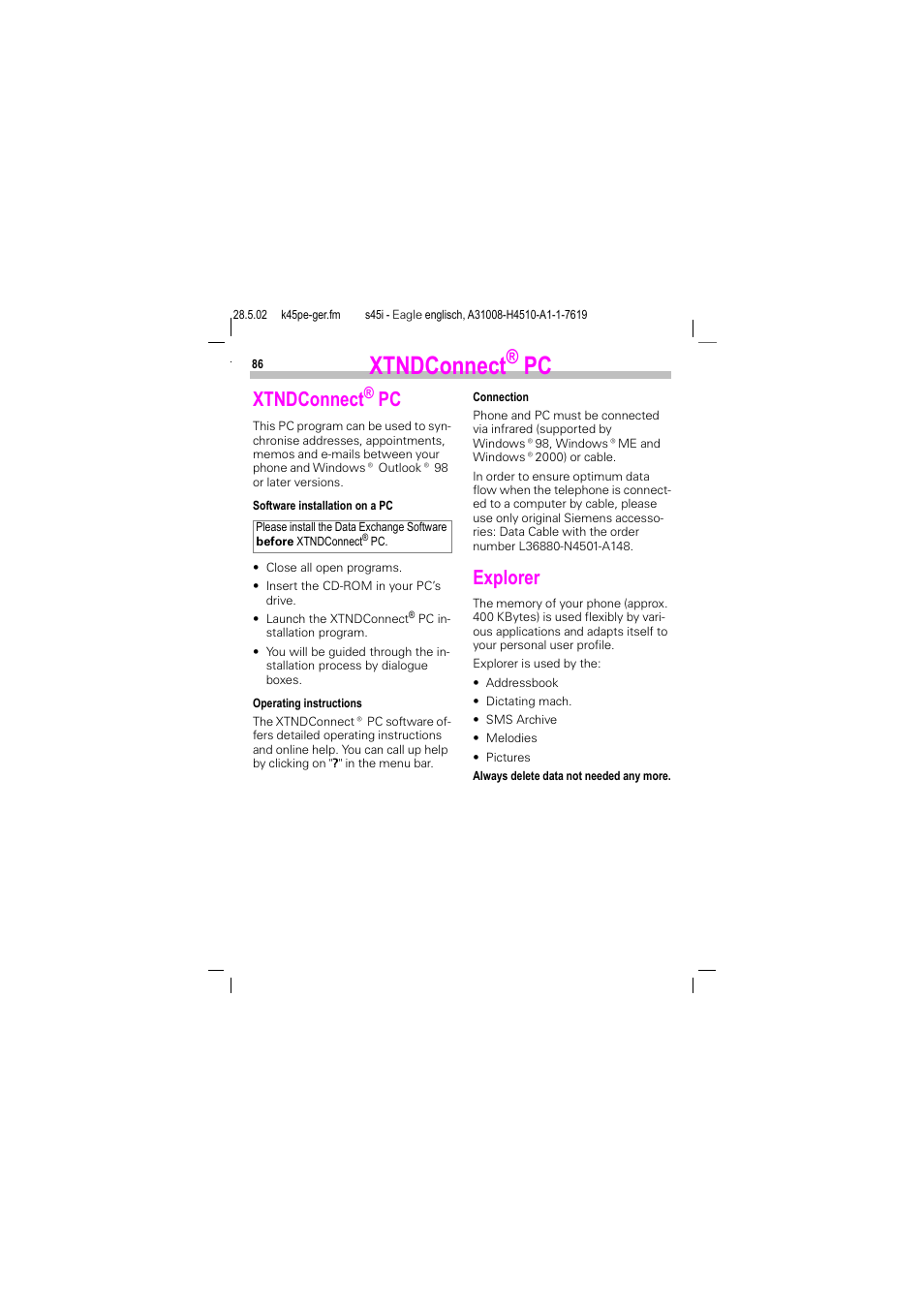 Xtndconnect® pc, Xtndconnect, Explorer | Siemens S45i User Manual | Page 87 / 110