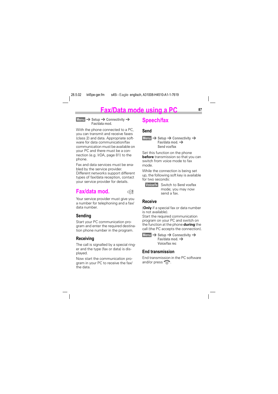 Fax/data mode using a pc, Fax/data mod, Speech/fax | Siemens S45i User Manual | Page 88 / 110