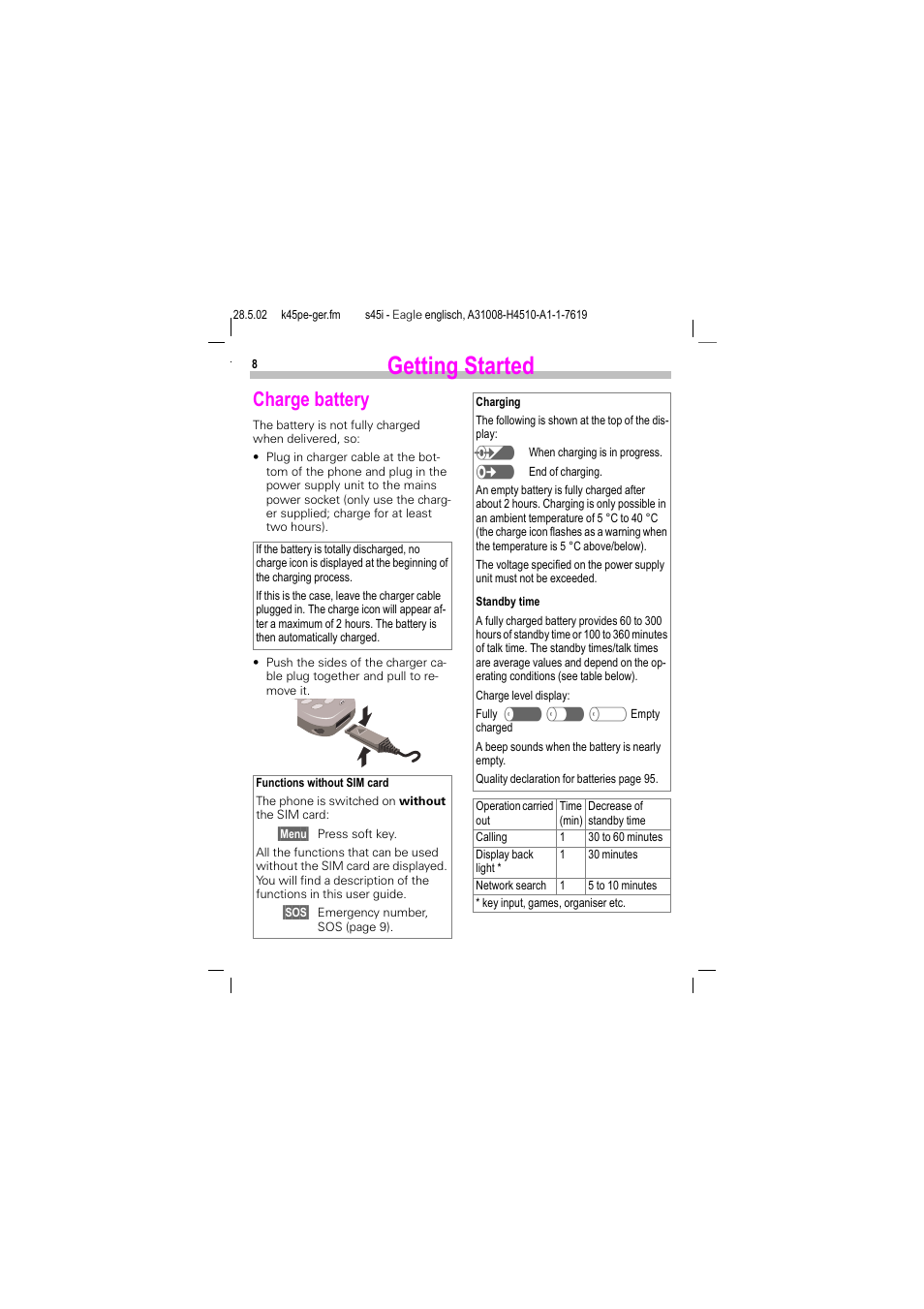 Charge battery, Getting started | Siemens S45i User Manual | Page 9 / 110