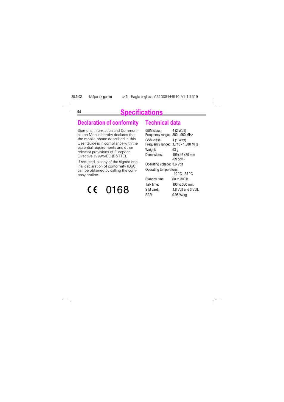 Specifications, Declaration of conformity, Technical data | Siemens S45i User Manual | Page 95 / 110