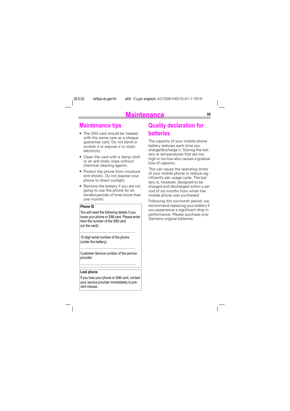 Maintenance, Maintenance tips, Quality declaration for batteries | Siemens S45i User Manual | Page 96 / 110