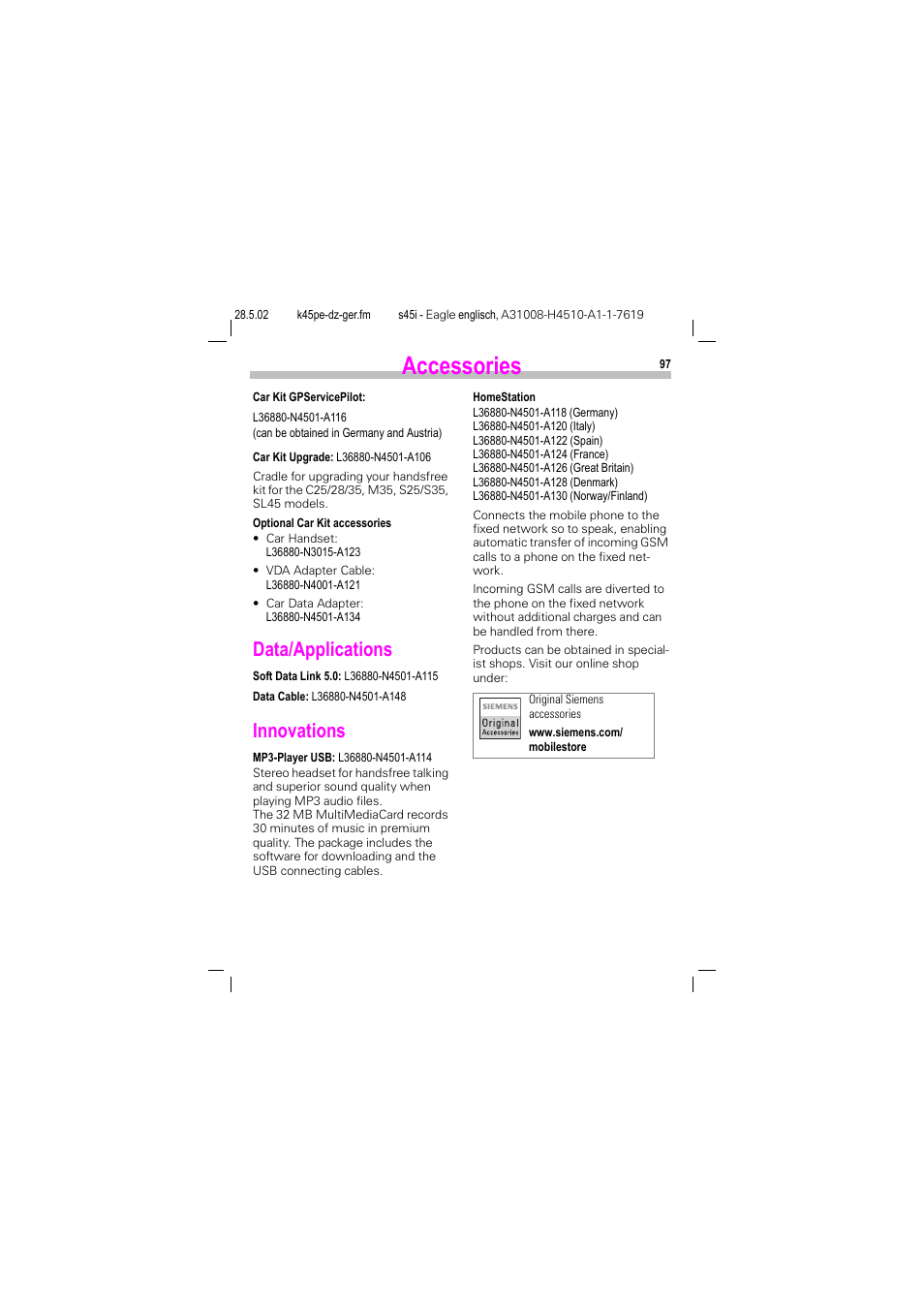 Data/applications, Innovations, Data/applications innovations | Accessories | Siemens S45i User Manual | Page 98 / 110