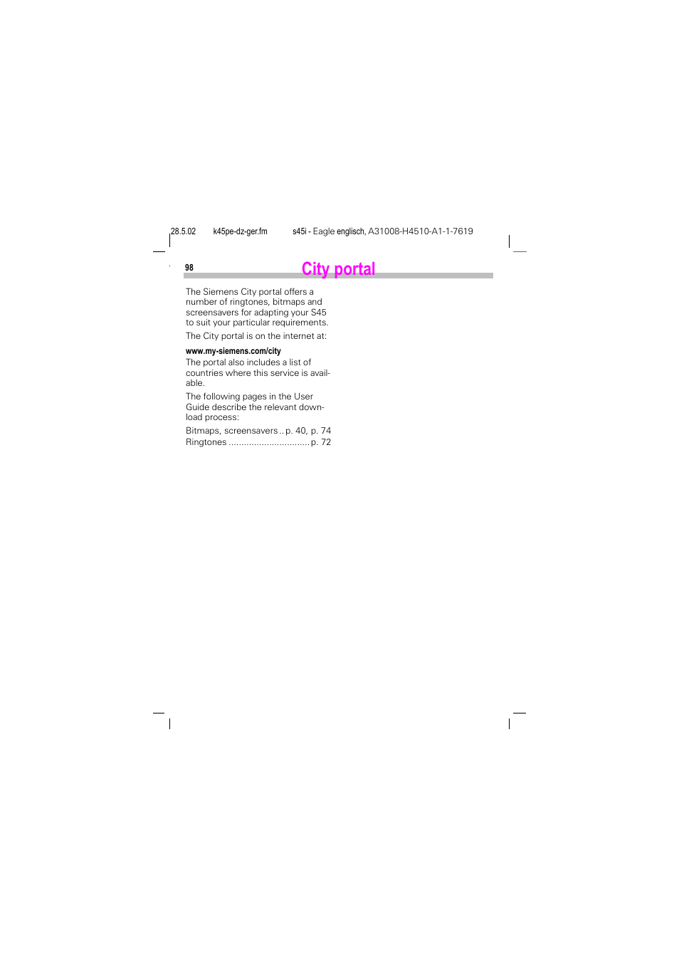 City portal | Siemens S45i User Manual | Page 99 / 110