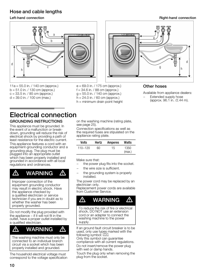 Electrical connection, Warning, Hose and cable lengths | Siemens WFXD5202UC User Manual | Page 10 / 88