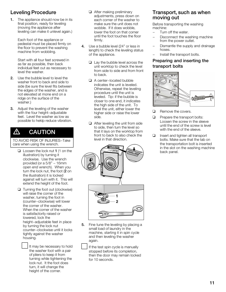 Caution, Leveling procedure, Transport, such as when moving out | Siemens WFXD5202UC User Manual | Page 11 / 88