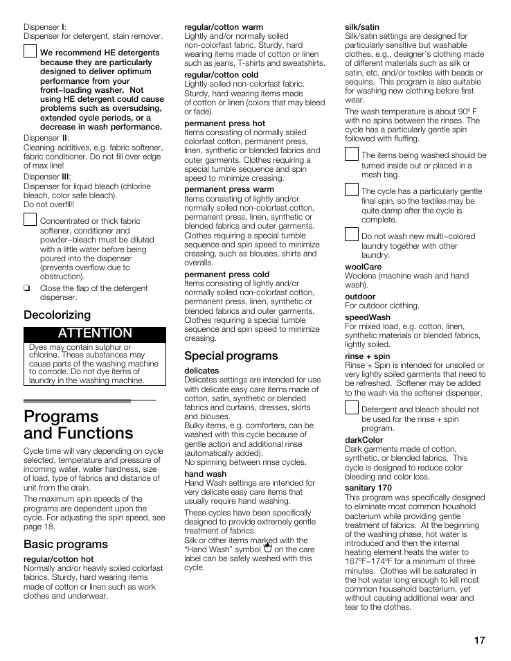 Programs and functions, Attention, Decolorizing | Basic programs, Special programs | Siemens WFXD5202UC User Manual | Page 17 / 88