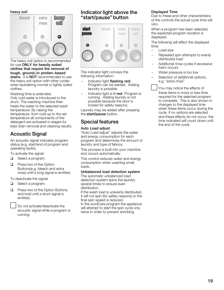 Acoustic signal, Indicator light above the start/pause" button, Special features | Siemens WFXD5202UC User Manual | Page 19 / 88