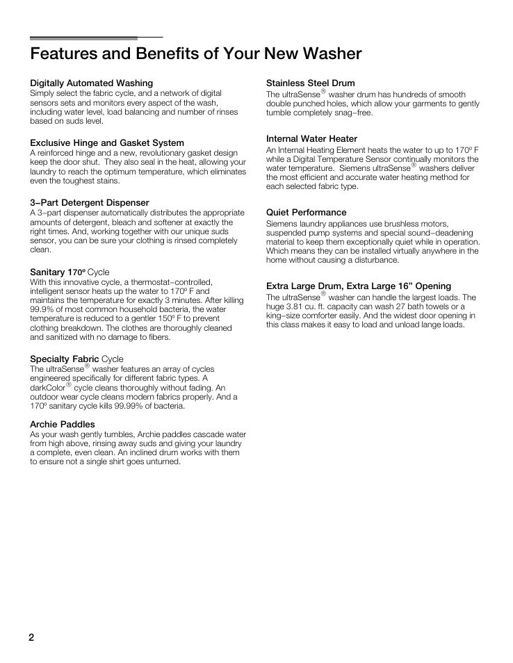 Features and benefits of your new washer | Siemens WFXD5202UC User Manual | Page 2 / 88