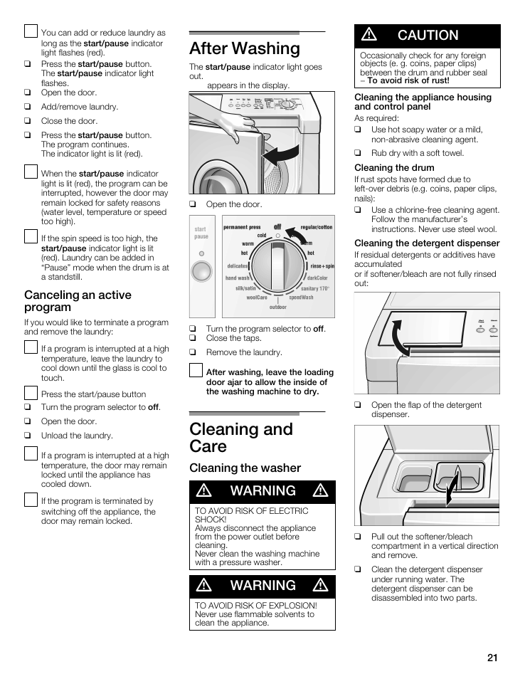 After washing, Cleaning and care, Warning | Caution, Canceling an active program, Cleaning the washer | Siemens WFXD5202UC User Manual | Page 21 / 88