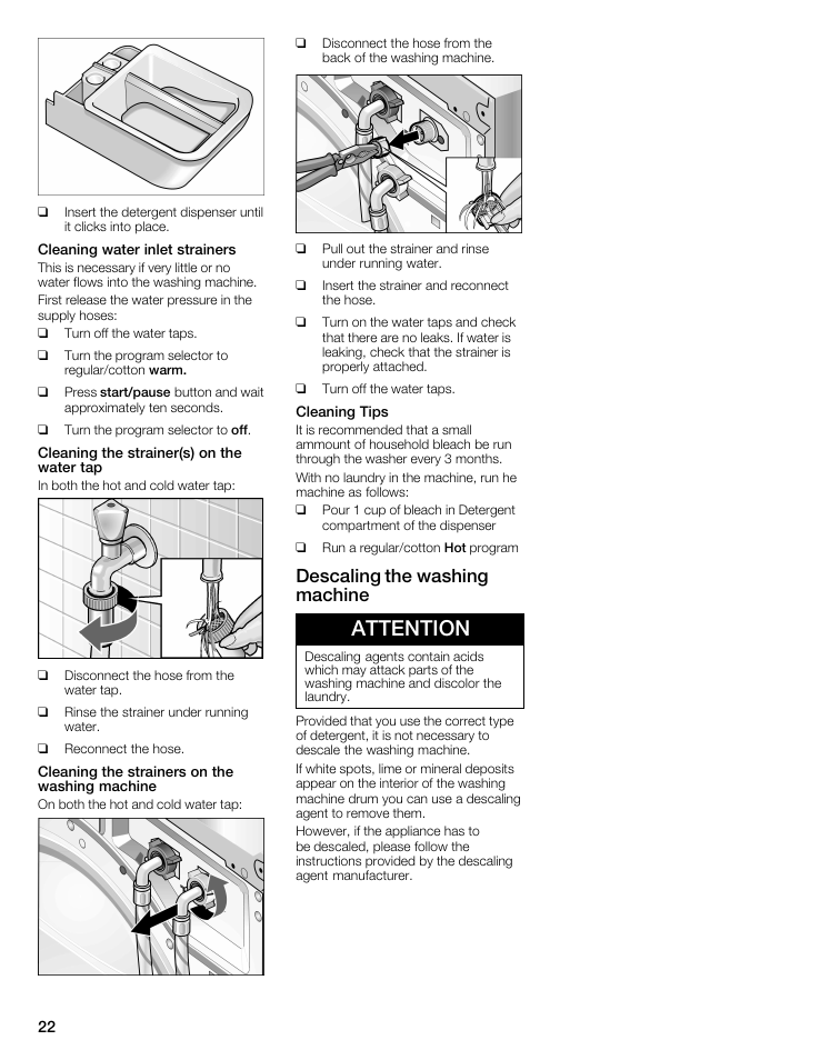 Attention, Descaling the washing machine | Siemens WFXD5202UC User Manual | Page 22 / 88