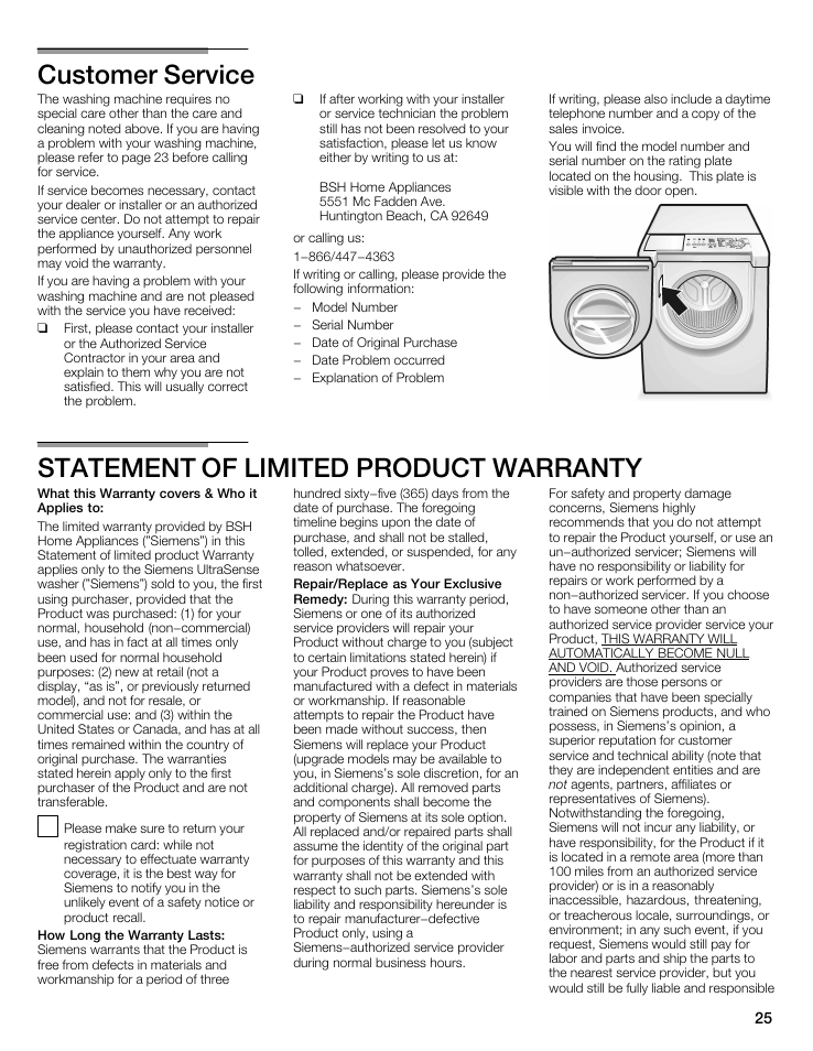 Customer service, Statement of limited product warranty | Siemens WFXD5202UC User Manual | Page 25 / 88