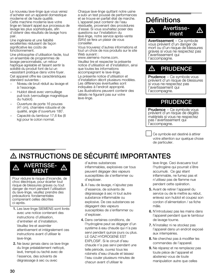 Définitions d, D instructions de sécurité importantes d, Avertisseć ment | Prudence | Siemens WFXD5202UC User Manual | Page 30 / 88