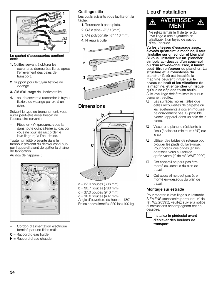 Avertisseć ment, Dimensions, Lieu d'installation | Siemens WFXD5202UC User Manual | Page 34 / 88