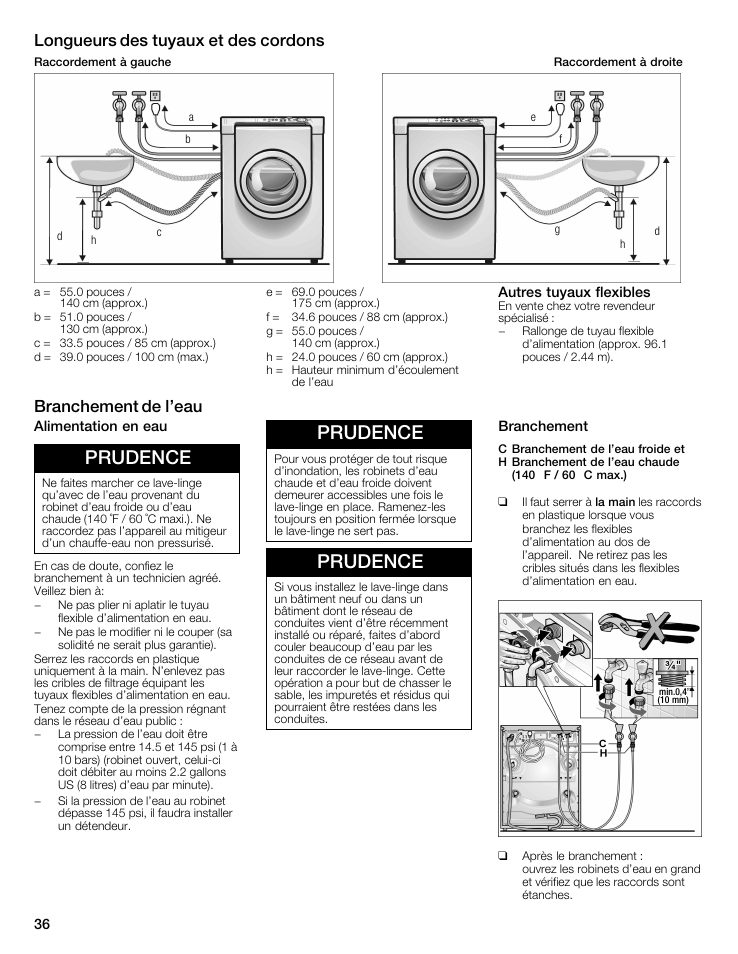 Prudence, Longueurs des tuyaux et des cordons, Branchement de l'eau | Siemens WFXD5202UC User Manual | Page 36 / 88