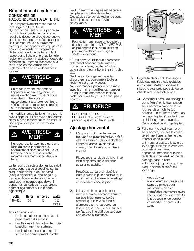 Avertisseć ment, Prudence, Branchement électrique | Ajustage horizontal | Siemens WFXD5202UC User Manual | Page 38 / 88