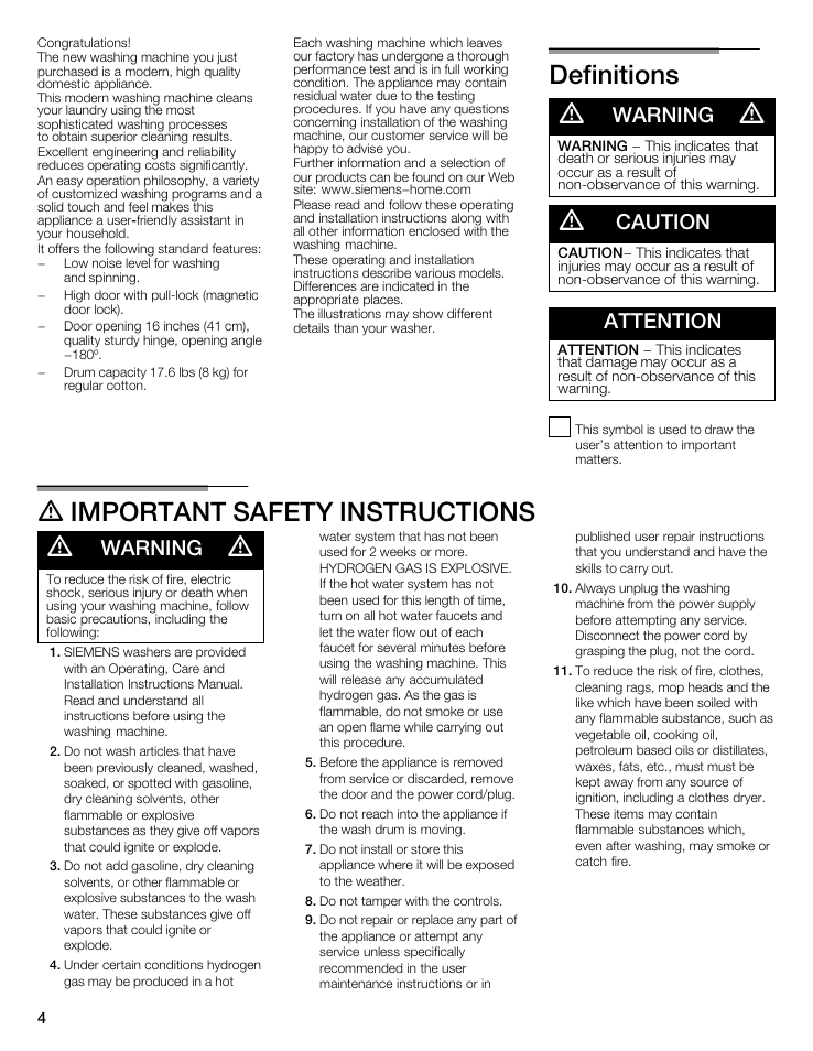 Definitions d, D important safety instructions d, Warning | Caution, Attention | Siemens WFXD5202UC User Manual | Page 4 / 88