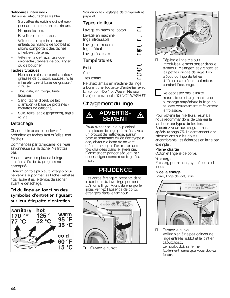 Advertisć sement, Prudence, Chargement du linge | Siemens WFXD5202UC User Manual | Page 44 / 88