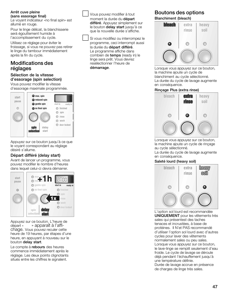 Modifications des réglages, Boutons des options | Siemens WFXD5202UC User Manual | Page 47 / 88