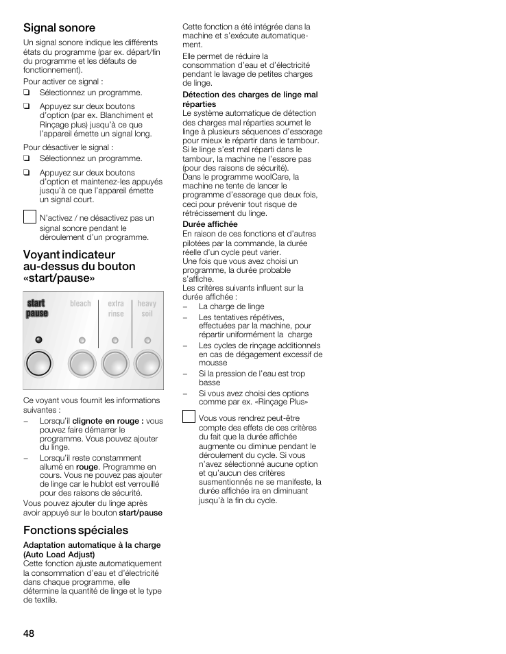Signal sonore, Voyant indicateur aućdessus du bouton «start/pause, Fonctions spéciales | Siemens WFXD5202UC User Manual | Page 48 / 88