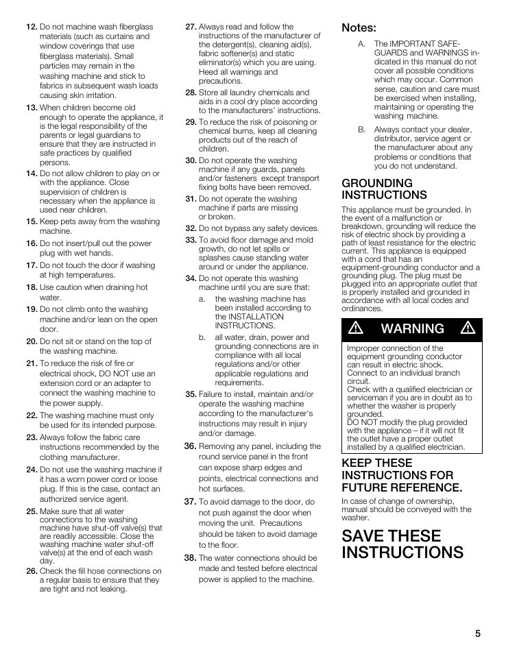 Save these instructions, Warning, Grounding instructions | Keep these instructions for future reference | Siemens WFXD5202UC User Manual | Page 5 / 88