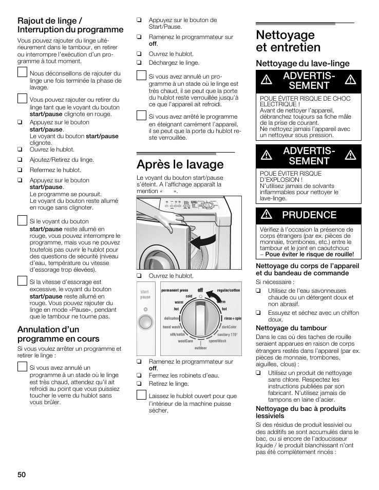 Après le lavage, Nettoyage et entretien, Advertisć sement | Prudence, Rajout de linge / interruption du programme, Annulation d'un programme en cours, Nettoyage du lavećlinge | Siemens WFXD5202UC User Manual | Page 50 / 88