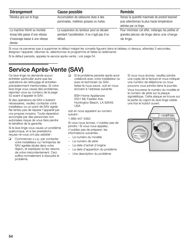 Service aprèsćvente (sav), Dérangement remède cause possible | Siemens WFXD5202UC User Manual | Page 54 / 88