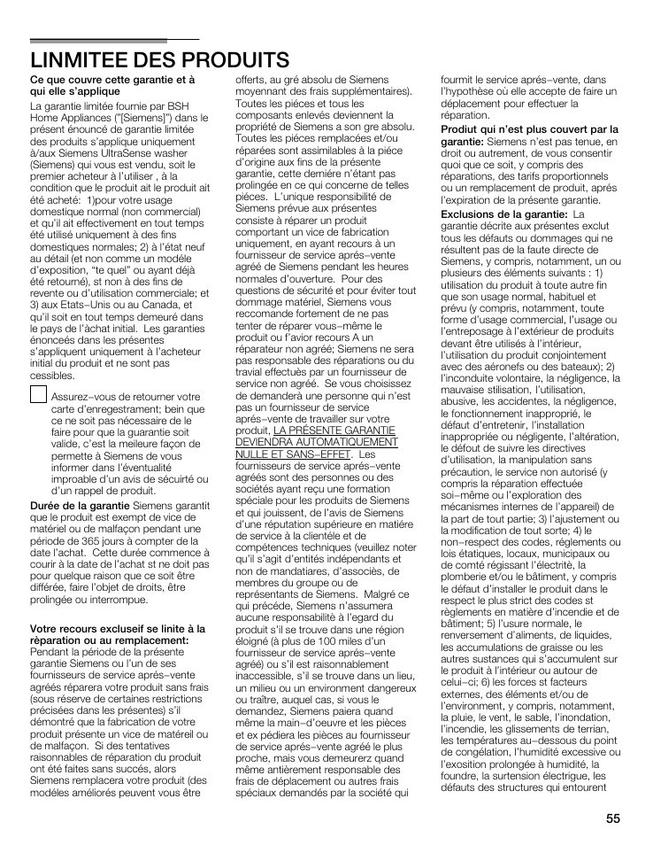 Linmitee des produits | Siemens WFXD5202UC User Manual | Page 55 / 88