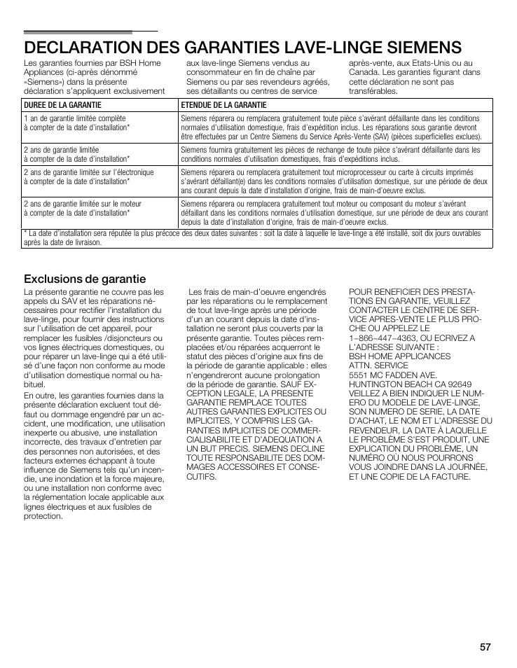 Declaration des garanties lavećlinge siemens, Exclusions de garantie | Siemens WFXD5202UC User Manual | Page 57 / 88