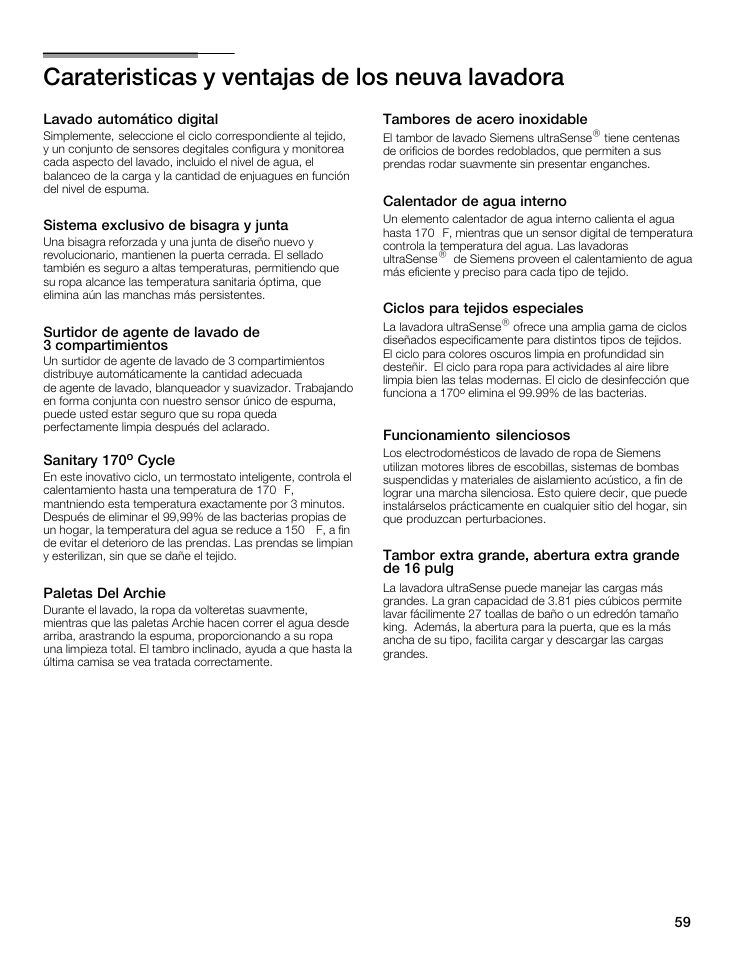 Carateristicas y ventajas de los neuva lavadora | Siemens WFXD5202UC User Manual | Page 59 / 88