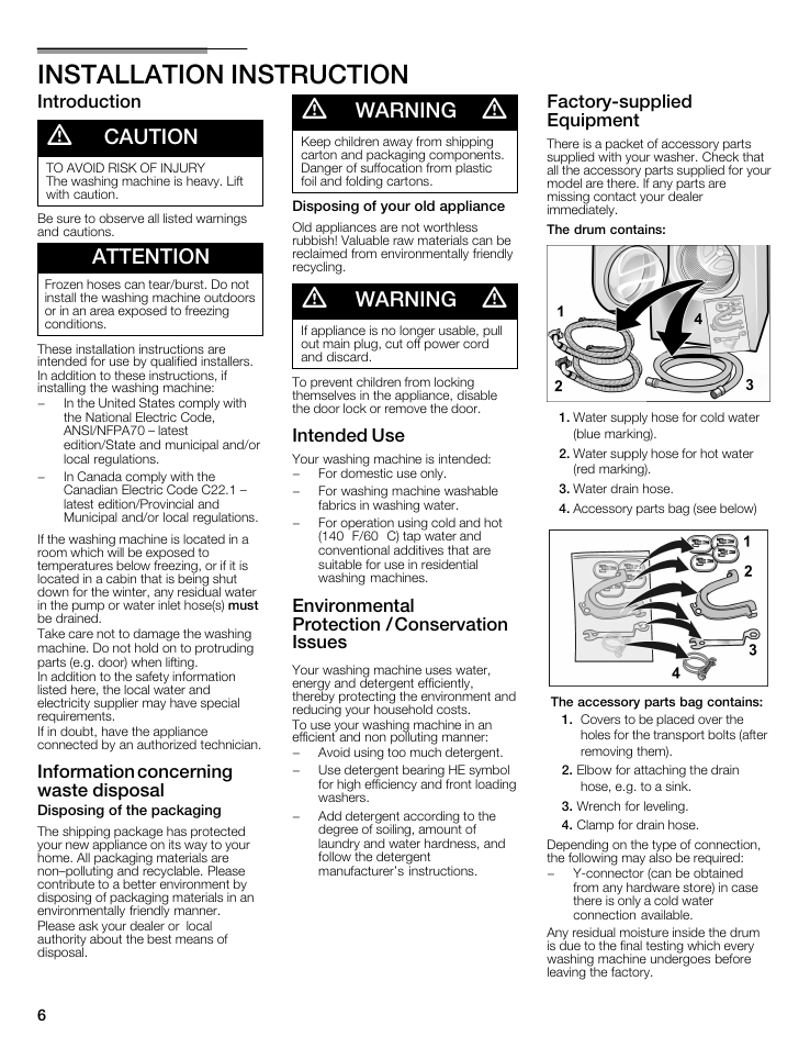 Installation instruction, Caution, Attention | Warning, Introduction, Information concerning waste disposal, Intended use, Environmental protection / conservation issues, Factoryćsupplied equipment | Siemens WFXD5202UC User Manual | Page 6 / 88