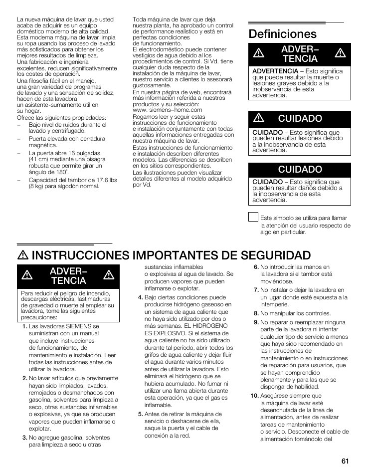 Definiciones d, D instrucciones importantes deăseguridad d, Adver- tencia | Cuidado | Siemens WFXD5202UC User Manual | Page 61 / 88