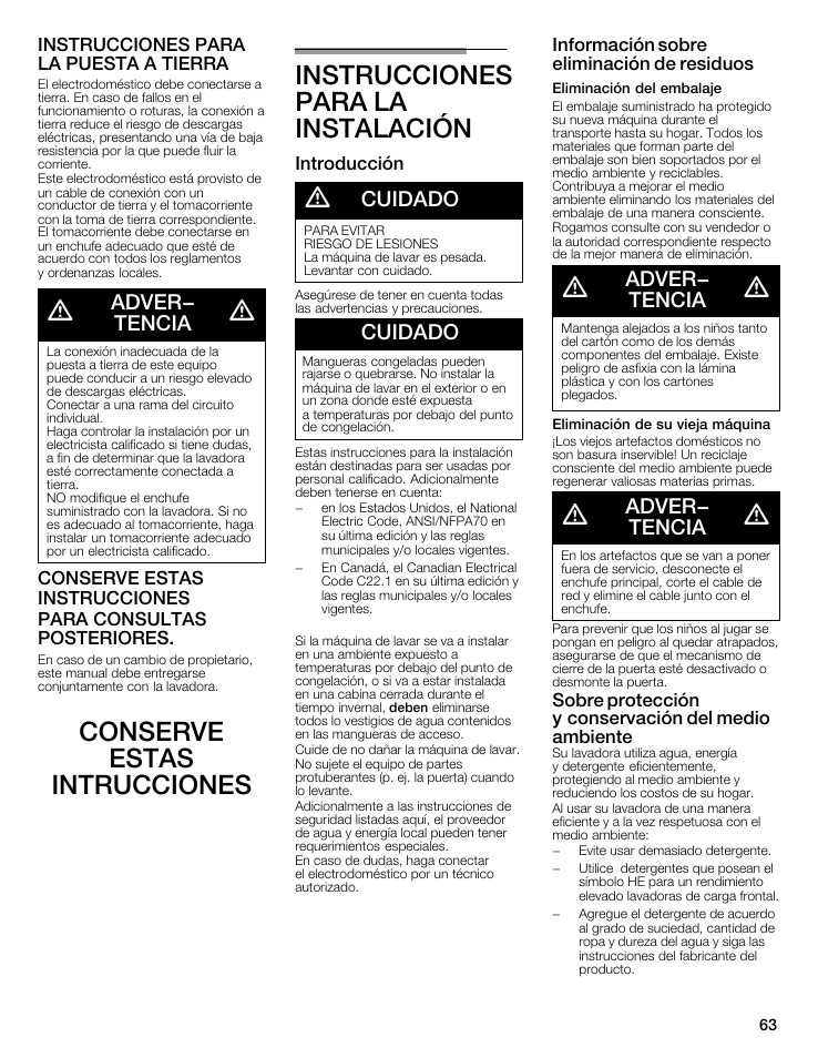 Adver- tencia, Cuidado, Instrucciones para la puesta aătierra | Introducción, Información sobre eliminación de residuos, Sobre protección yăconservación del medio ambiente | Siemens WFXD5202UC User Manual | Page 63 / 88
