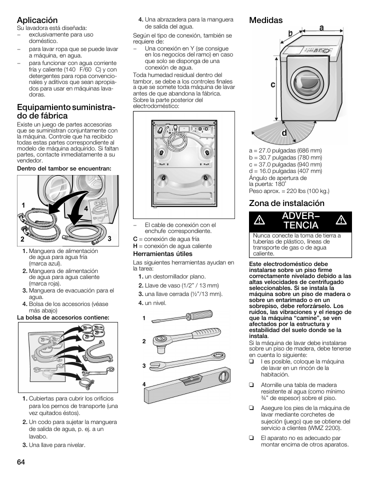 Adver- tencia, Aplicación, Equipamiento suministrać do de fábrica | Medidas, Zona de instalación | Siemens WFXD5202UC User Manual | Page 64 / 88