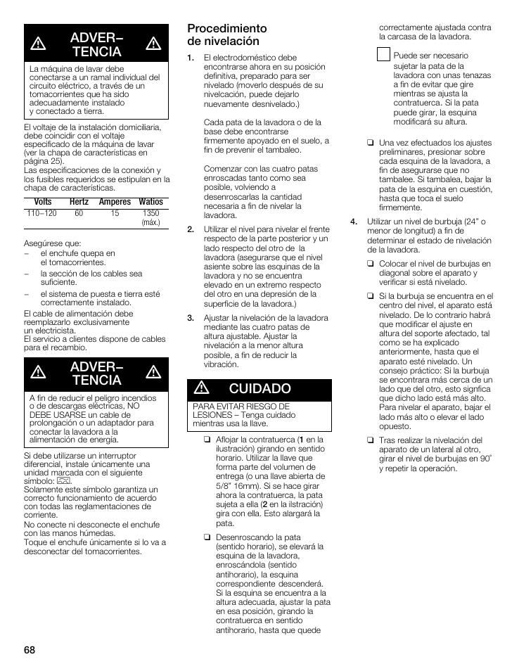 Adver- tencia, Cuidado, Procedimiento deănivelación | Siemens WFXD5202UC User Manual | Page 68 / 88