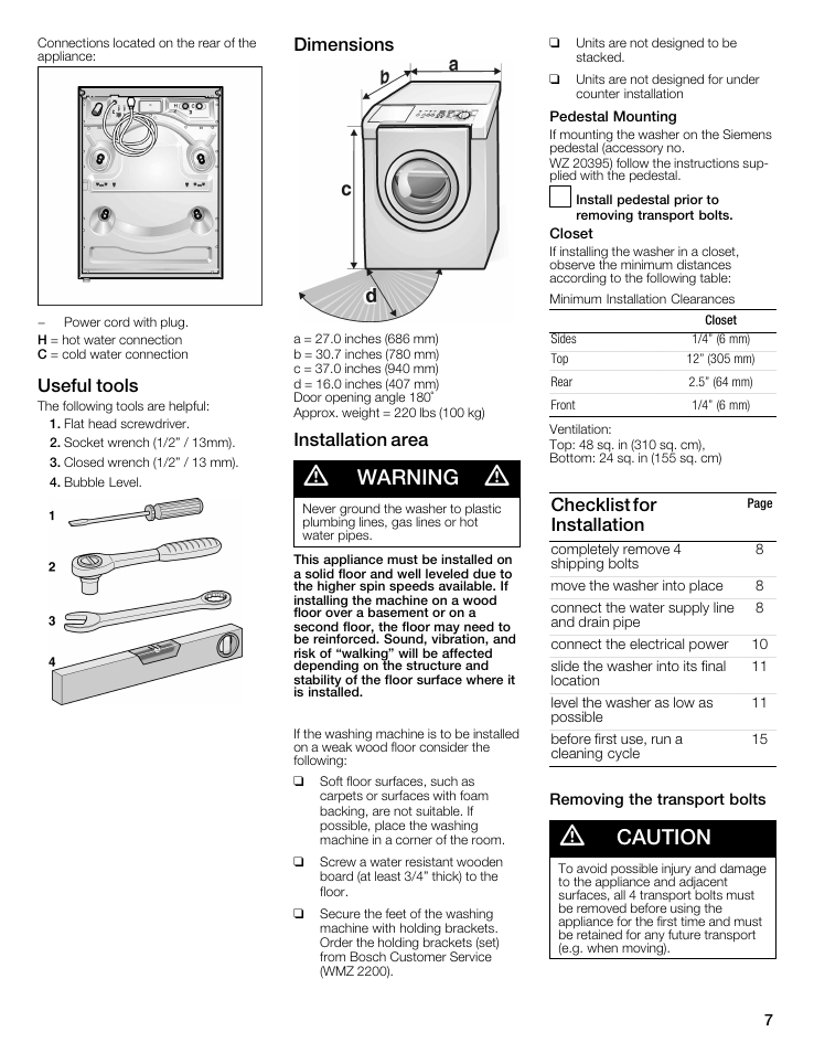 Warning, Caution, Useful tools | Dimensions, Installation area, Checklist for installation | Siemens WFXD5202UC User Manual | Page 7 / 88