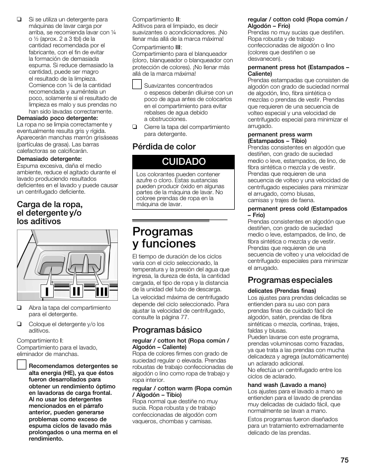 Programas yăfunciones, Cuidado, Carga de la ropa, elădetergente y/o losăaditivos | Pérdida de color, Programas básico, Programas especiales | Siemens WFXD5202UC User Manual | Page 75 / 88