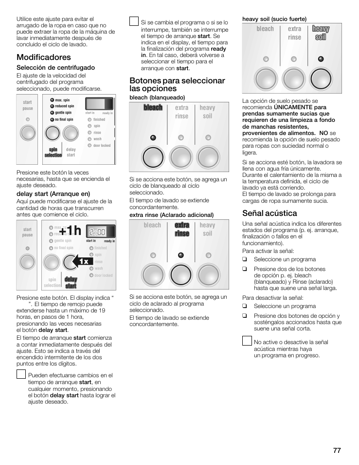 Modificadores, Botones para seleccionar las opciones, Señal acústica | Siemens WFXD5202UC User Manual | Page 77 / 88