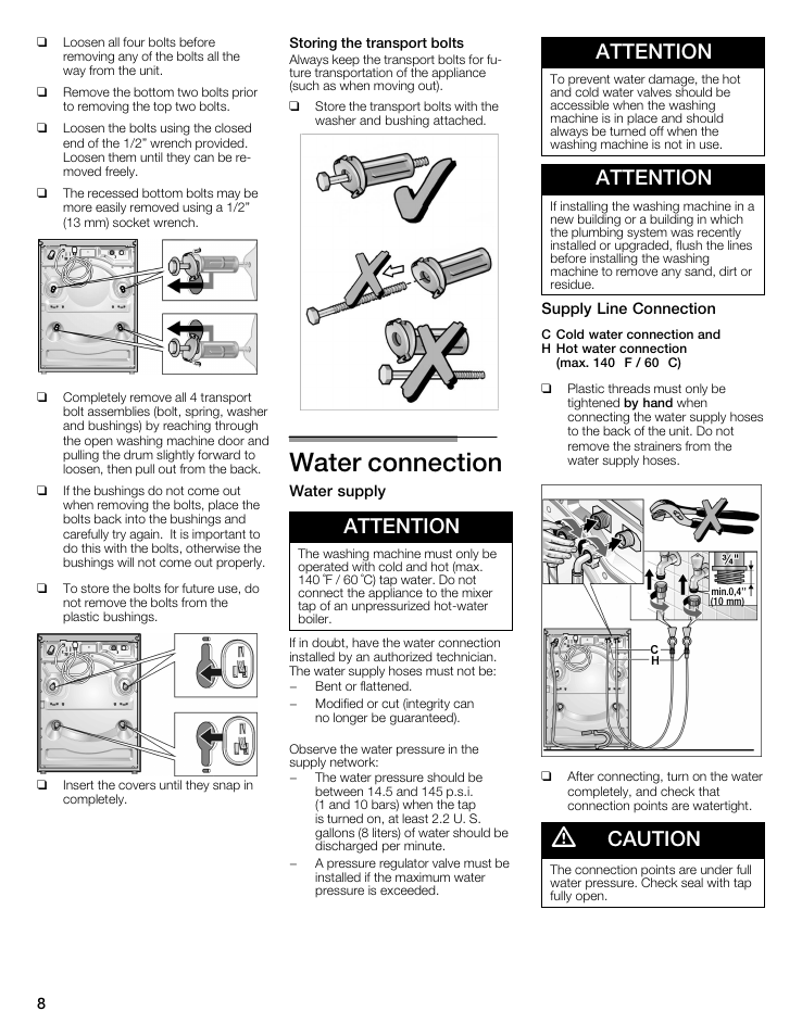 Water connection, Attention, Caution | Siemens WFXD5202UC User Manual | Page 8 / 88