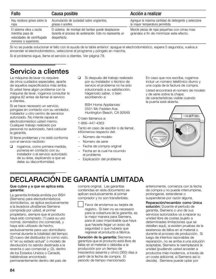 Servicio a clientes, Declaración de garantía limitada, Fallo acción a realizar causa posible | Siemens WFXD5202UC User Manual | Page 84 / 88