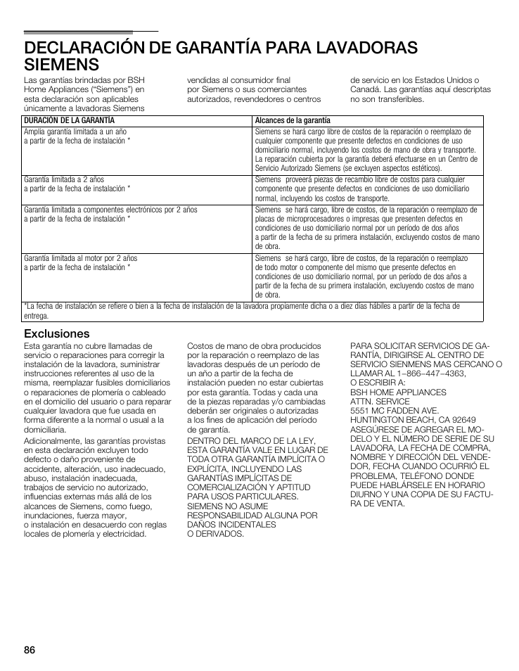 Declaración de garantía paraălavadoras siemens, Exclusiones | Siemens WFXD5202UC User Manual | Page 86 / 88