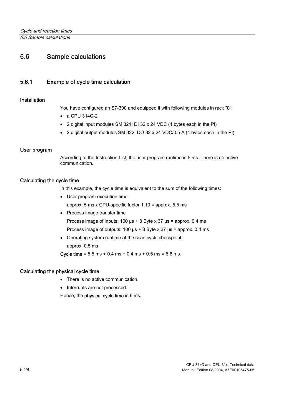 6 sample calculations, 1 example of cycle time calculation | Siemens Simatic S7-300 CPU 31xC and CPU 31x S7-300 User Manual | Page 106 / 244