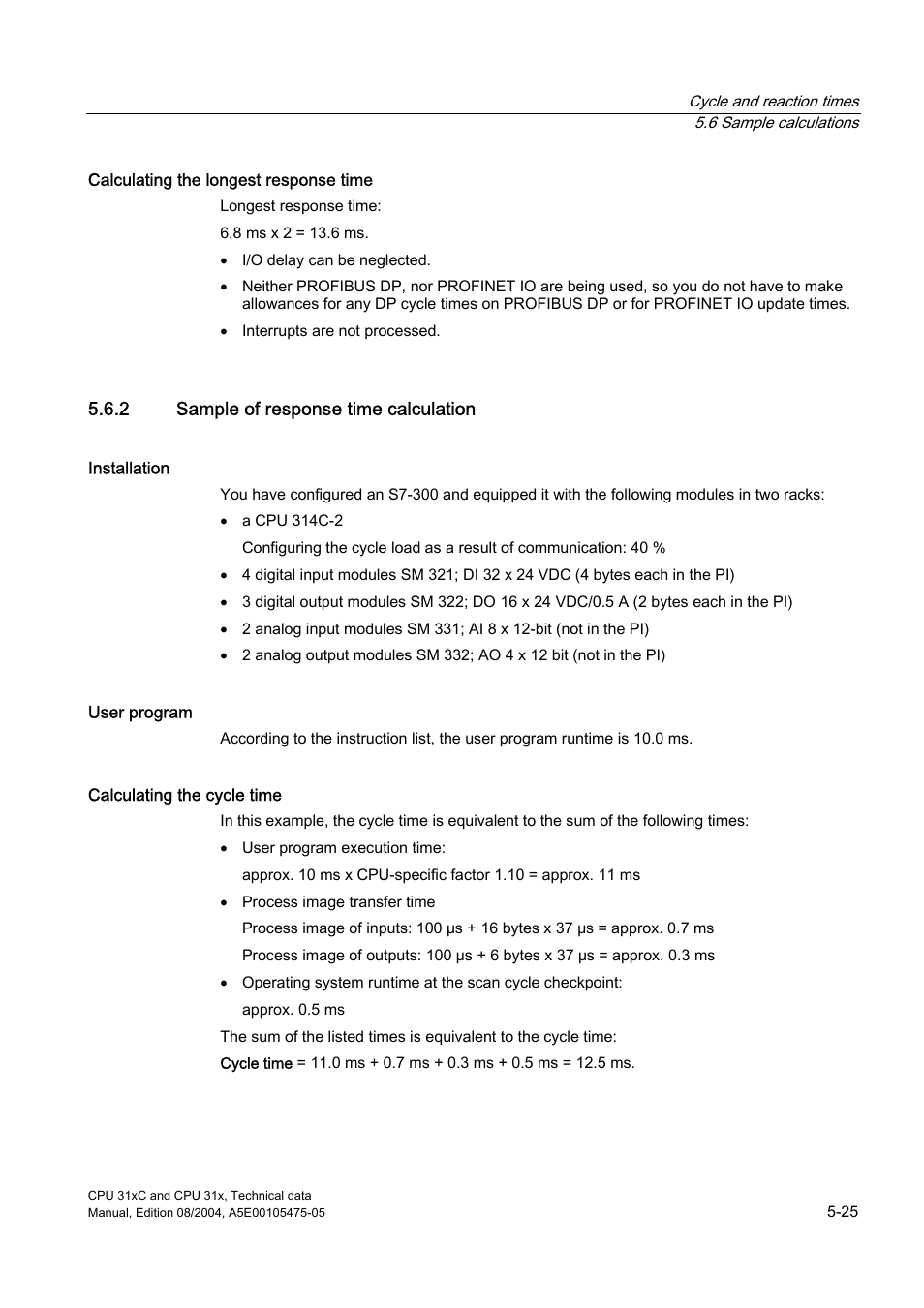 2 sample of response time calculation | Siemens Simatic S7-300 CPU 31xC and CPU 31x S7-300 User Manual | Page 107 / 244