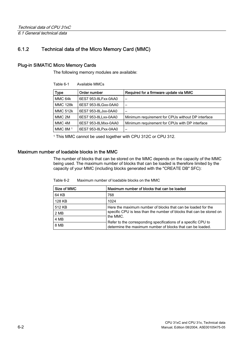 2 technical data of the micro memory card (mmc) | Siemens Simatic S7-300 CPU 31xC and CPU 31x S7-300 User Manual | Page 112 / 244